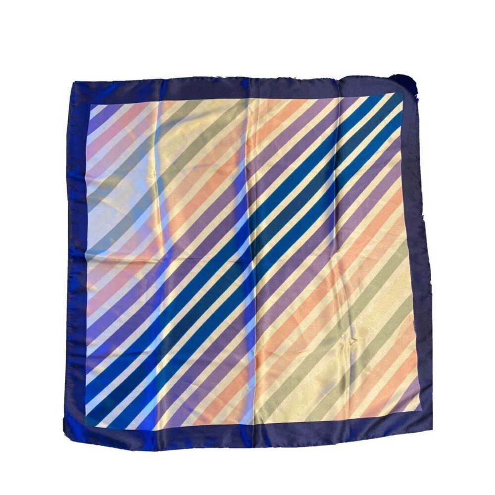 Scarf Blue Purple Pink Striped Square Silk Blend Satin Geometric Classic